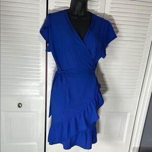 Blue Asymmetrical Wrap Dress with Flutter Sleeves